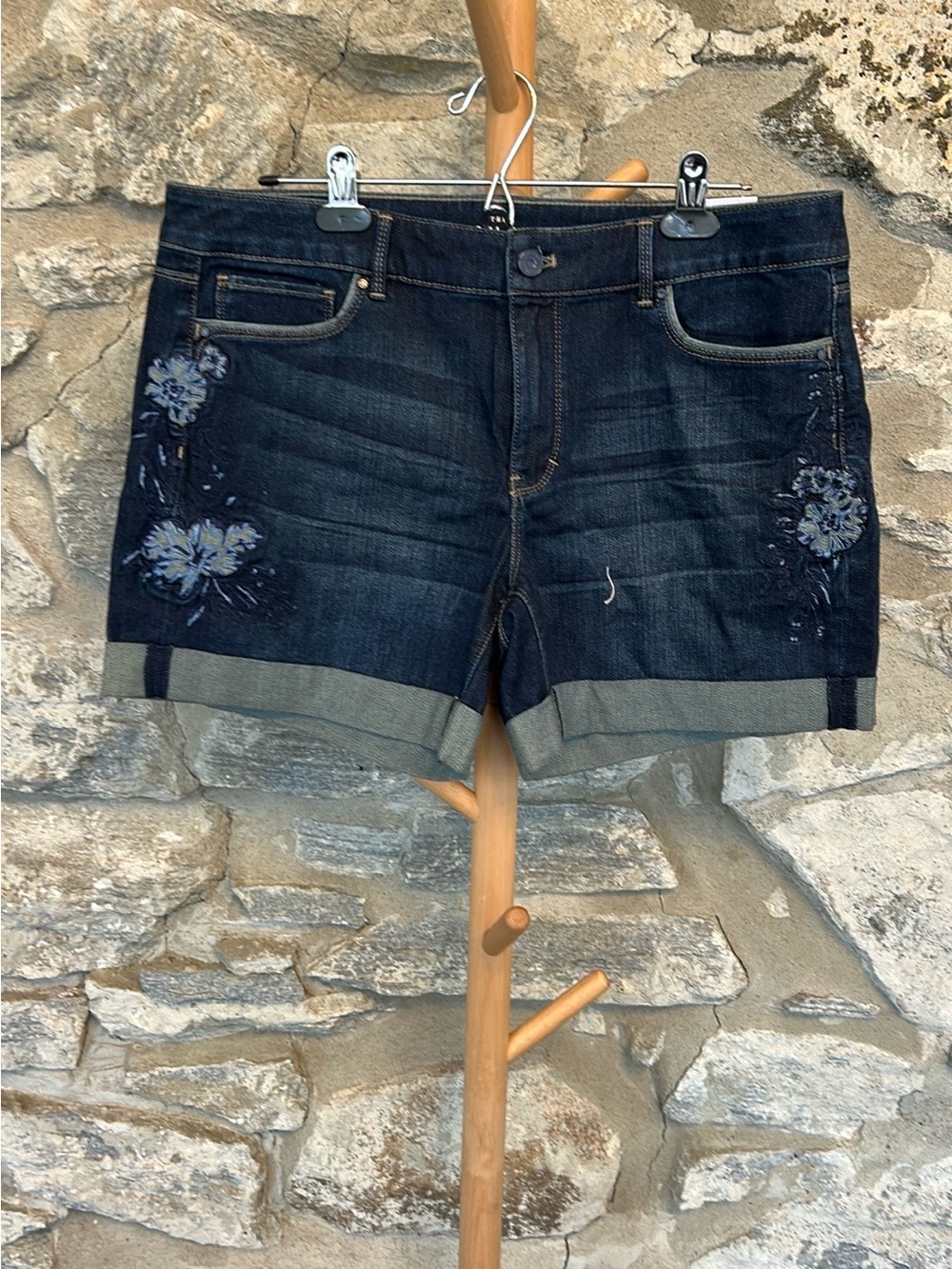 White House Black Market Navy Embroidered Cuffed Denim Shorts